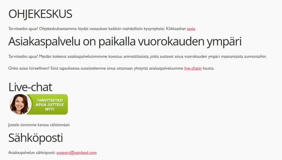 Spinland Casino asiakaspalvelu