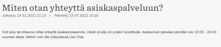 Vinneri Casinon asiakaspalvelu