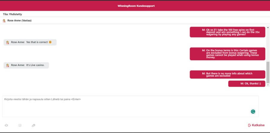 Vinneri Casinon asiakaspalvelusta