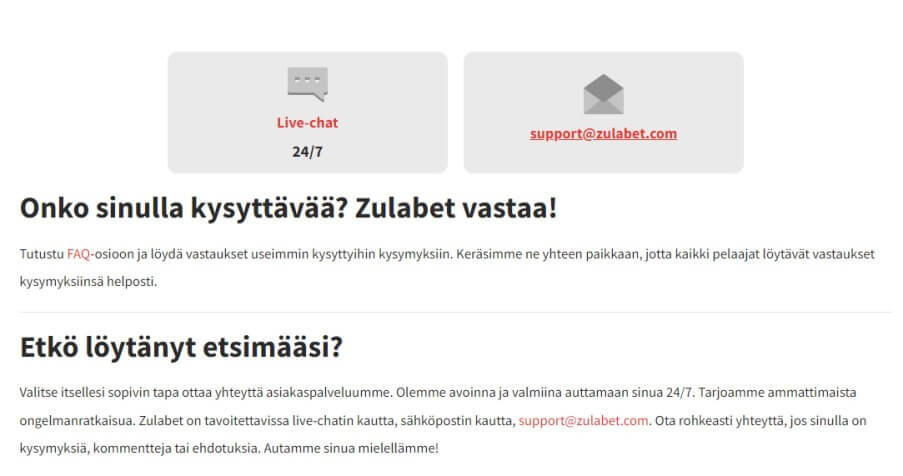 Zulabet Casinon asiakaspalvelu
