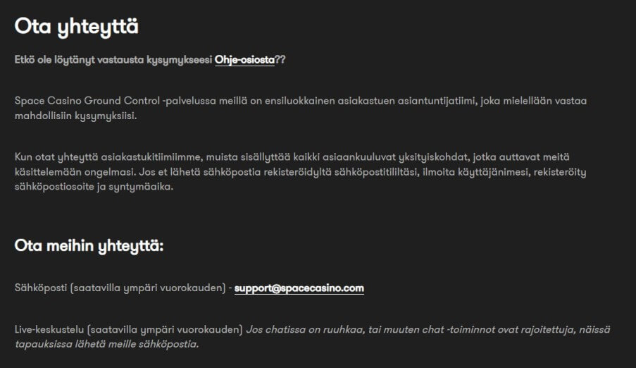 Space Casino asiakaspalvelu