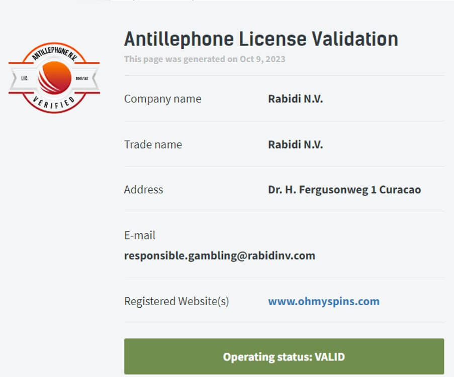 OhMySpins Casino Lisenssi