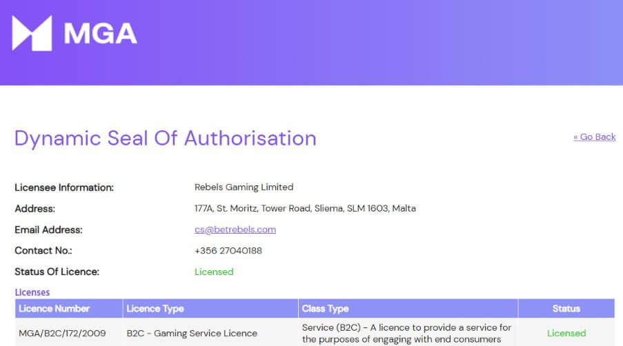 BetRebels Casino lisenssi