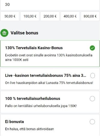 Evobet Casino talletus