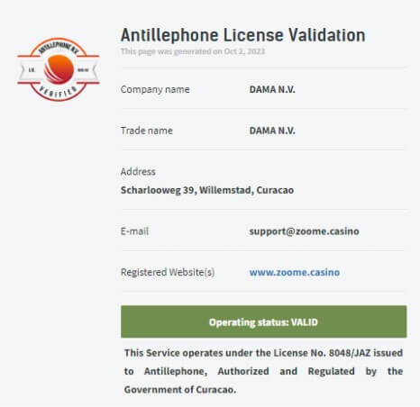 Zoome Casino lisenssi