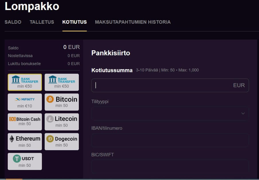 Zoome Casinon rahansiirrot