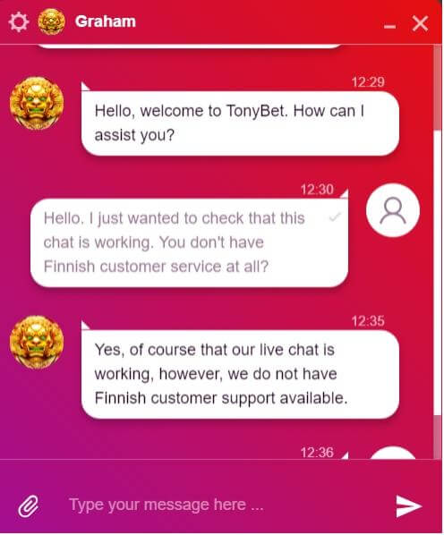TonyBet Casino asiakaspalvelusta