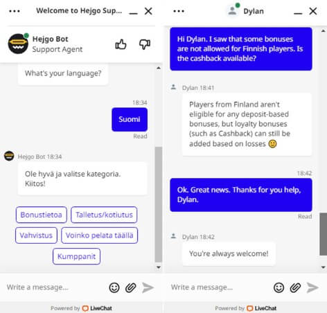 Hejgo Casino asiakaspalvelusta